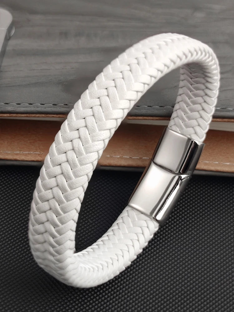 Mode Einfache Weiße Leder Geflecht Armband Edelstahl Schnalle Verschlüsse für Männer Handgemachte Armreif Großhandel Charme Schmuck Geschenk