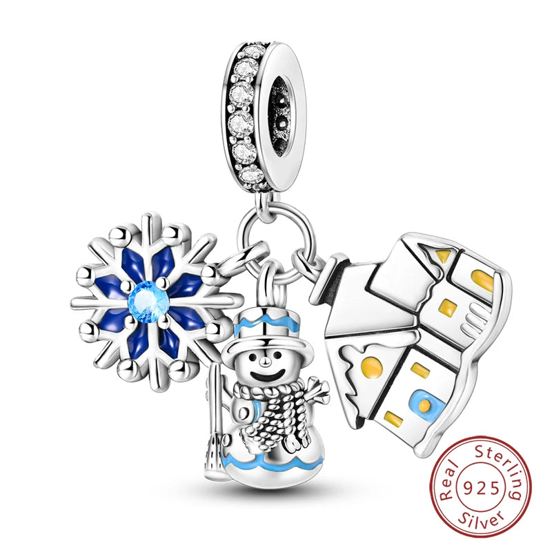 Winter-Charm, Original-Charm-Anhänger aus 925er-Sterlingsilber, Schneeflocke, Schneemann, Pinguin, für Frauen, feiner DIY-Geburtstagsschmuck, Geschenke