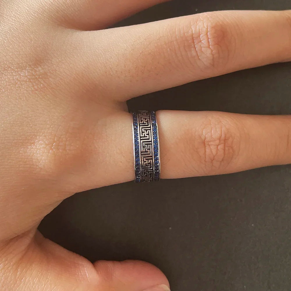 Türkische Ringe aus echtem Sterlingsilber 925, für Männer und Frauen mit blauem, rundem Zirkon, Retro-Punk-Ringe, modischer Silberschmuck