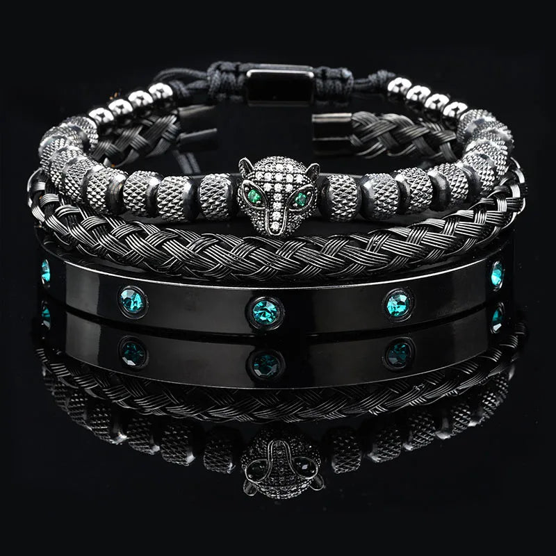 Luxus Schwarz Stein Perlen Leopard Kopf Mann Armband Emaille Edelstahl Römischen Armreifen Frauen Schmuck Set