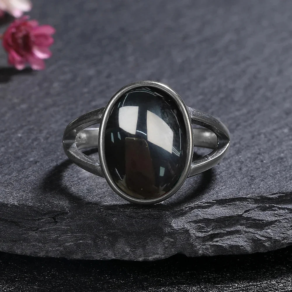Vintage-Ring aus 925er Silber, natürlicher schwarzer Onyx-Ring, kreisförmiger Denier-Typ, Pferdeauge-Design, Geschenk, edler Schmuck, schwarzer Ring für Männer und Frauen