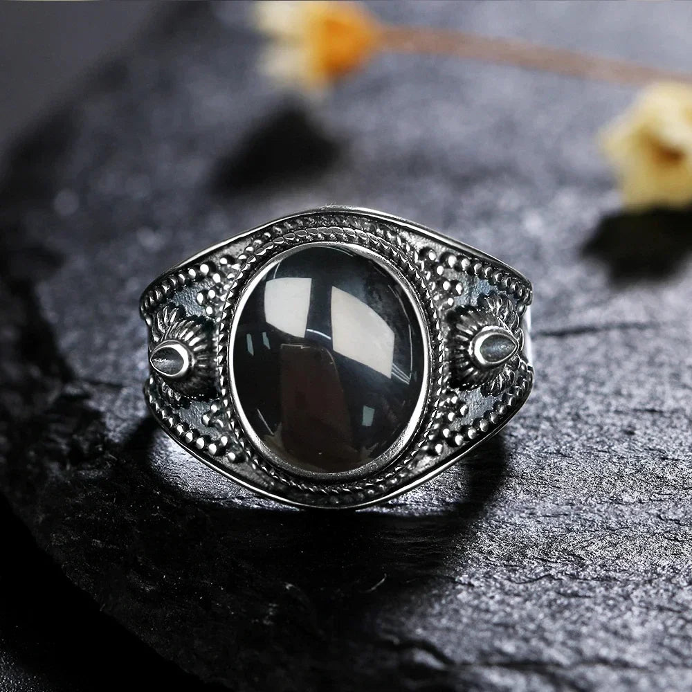 Vintage-Ring aus 925er Silber, natürlicher schwarzer Onyx-Ring, kreisförmiger Denier-Typ, Pferdeauge-Design, Geschenk, edler Schmuck, schwarzer Ring für Männer und Frauen