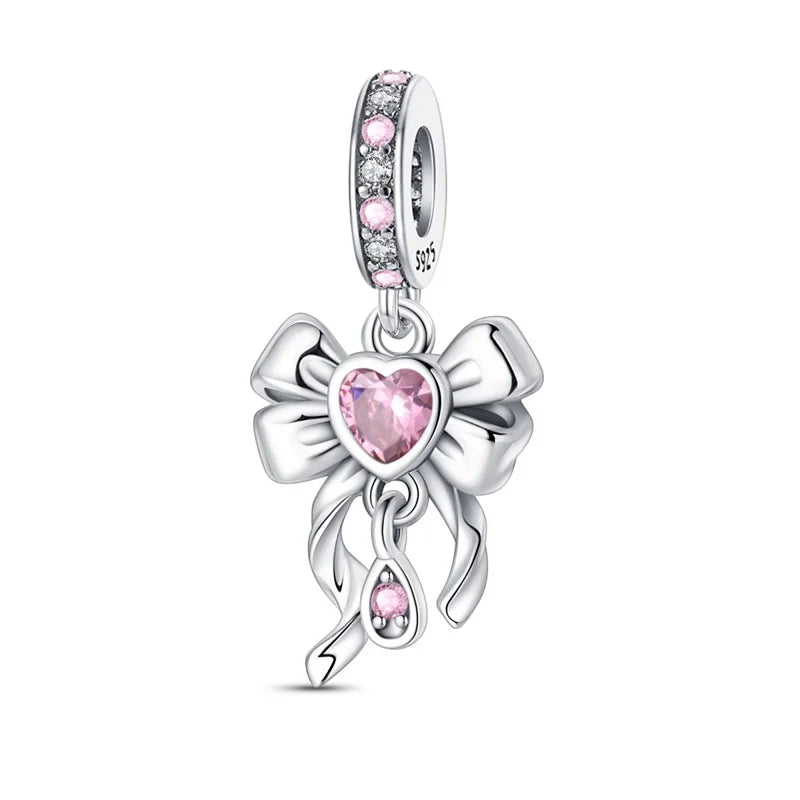 Rosa Charms aus 925er-Sterlingsilber, Perlen, Schmetterling, Parfümflasche, Krone, herzförmiger Zirkon, Charms für Frauen, feiner DIY-Schmuck, Geschenke