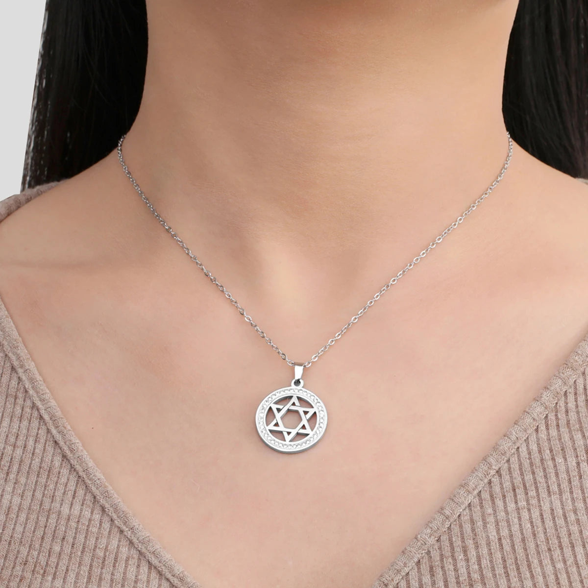 LIKGREAT Stern von David Edelstahl Vintage Halskette klar Zirkon runde Anhänger Halsketten Schmuck Hochzeits geschenk für Frauen Männer