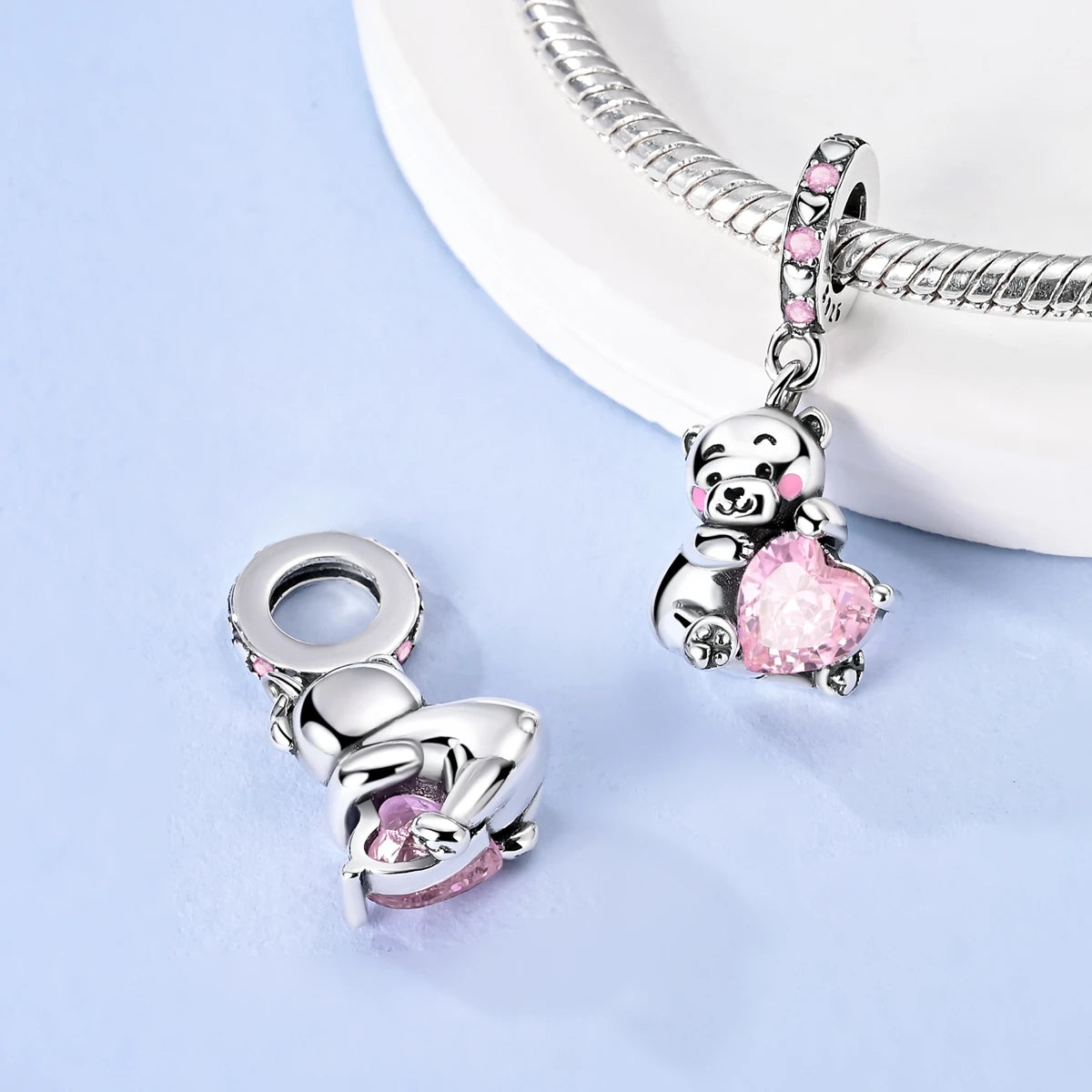Rosa Charms aus 925er-Sterlingsilber, Perlen, Schmetterling, Parfümflasche, Krone, herzförmiger Zirkon, Charms für Frauen, feiner DIY-Schmuck, Geschenke