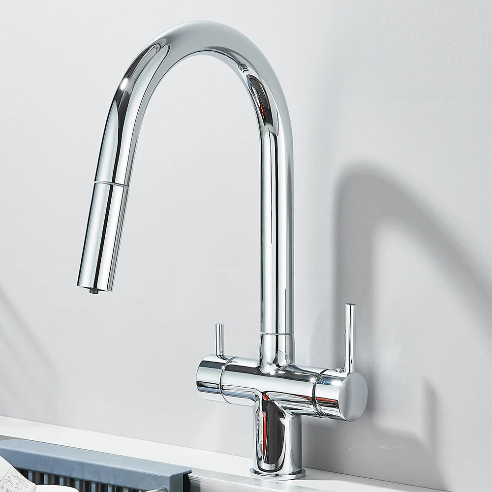 Gefilterter Küchenspüle-Wasserhahn mit einziehbarem Sprühgerät, Messing-Wasserfilterhahn, Trinkwasserhahn, Waschbeckenmischer für die Küche