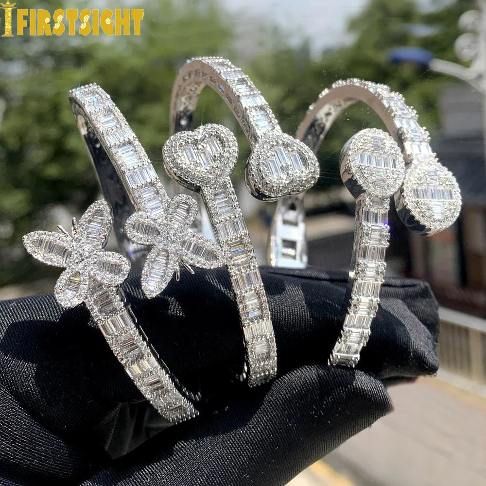Neue Iced Out Bling Schmetterling Herz Armband Silber Farbe CZ Zirkon Oval Charme Geöffnet Armreif Für Männer Frauen Hiphop Luxus schmuck