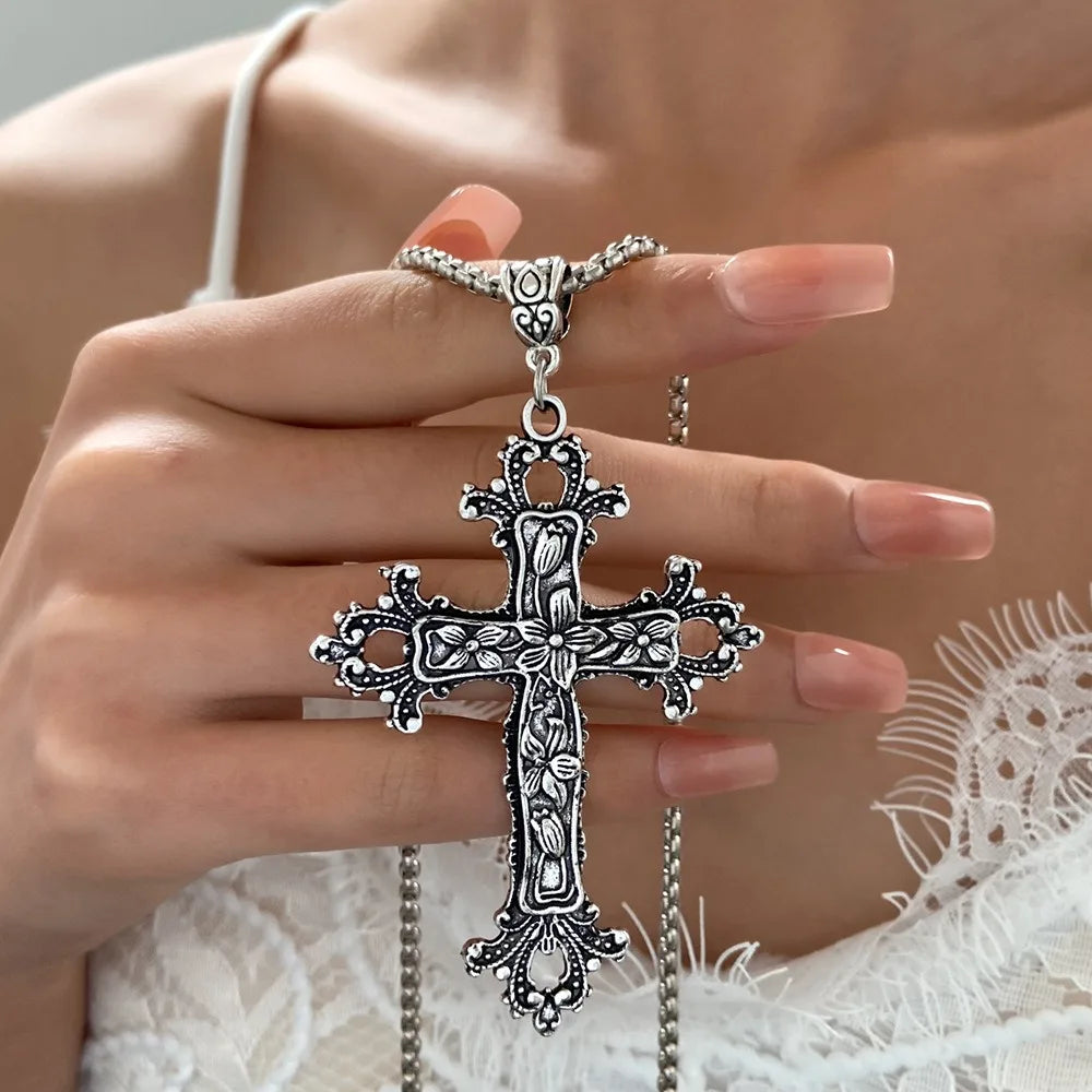 Vintage Punk Gothic Kreuz Anhänger Halskette Schwarz Große Frauen Lange Halsketten Metall Kette Schmuck Mode Accessoires Geschenk für Männer