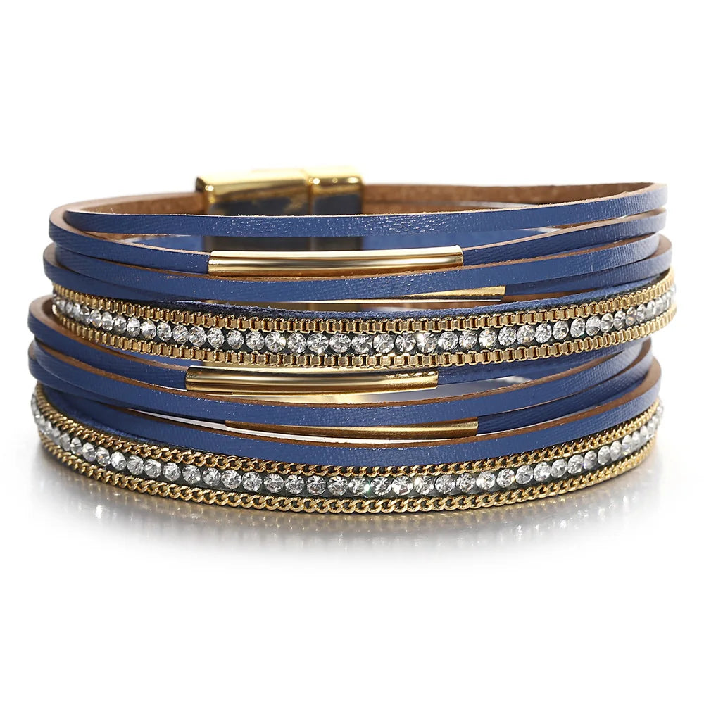 ALLYES Retro Blaue Lederarmbänder für Damen Herren Boho Charm Perle Kristall Herz Mehrschichtiges Wickelarmband & Armreif Schmuck Geschenke