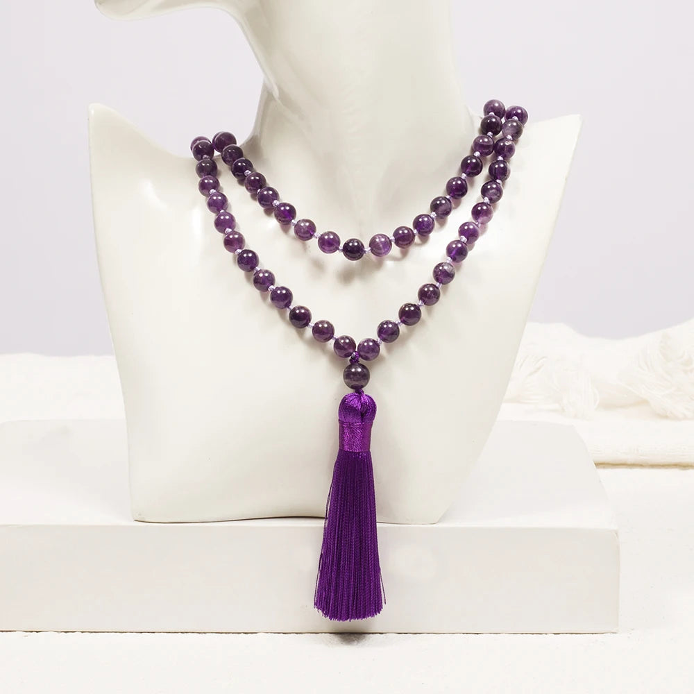 8mm Natürliche Amethyst-Perlen Geknotete 108 Japa Mala Gebetskette Meditations-Gebets-Yoga-Schmuck für Männer und Frauen