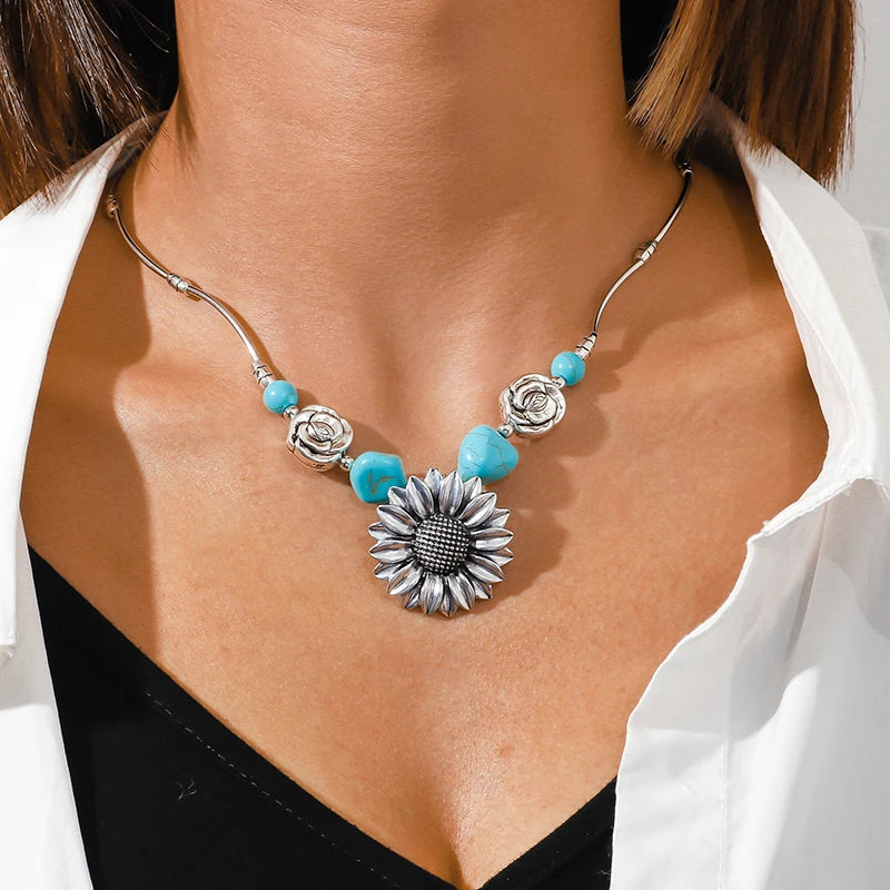 Ethnische Antike Silber Farbe Mond Choker Halsketten für Frauen Boho Türkis Halskette Mädchen Partei Schmuck Geschenke