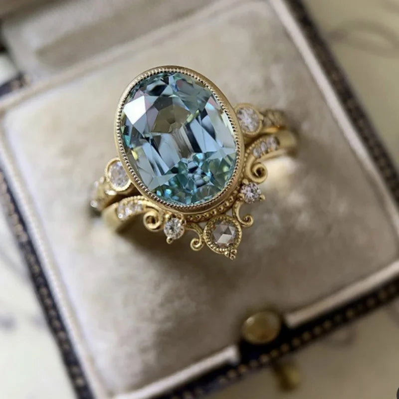 2 Stück Vintage-Ring aus blauem Zirkon mit Metall-Intarsien, geeignet für Frauen zum Tragen