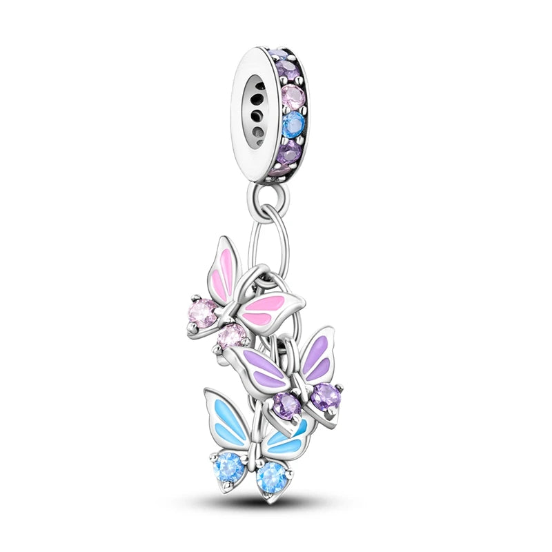 Original 925er Sterlingsilber, rosa Serie, Charms, Perlen, Schleife, Parfümflasche, herzförmiger Kreuz-Anhänger, passend für Armband, DIY-Schmuck