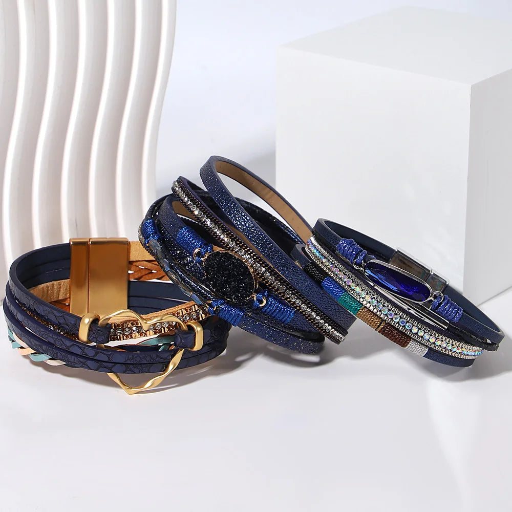 ALLYES Retro Blaue Lederarmbänder für Damen Herren Boho Charm Perle Kristall Herz Mehrschichtiges Wickelarmband & Armreif Schmuck Geschenke