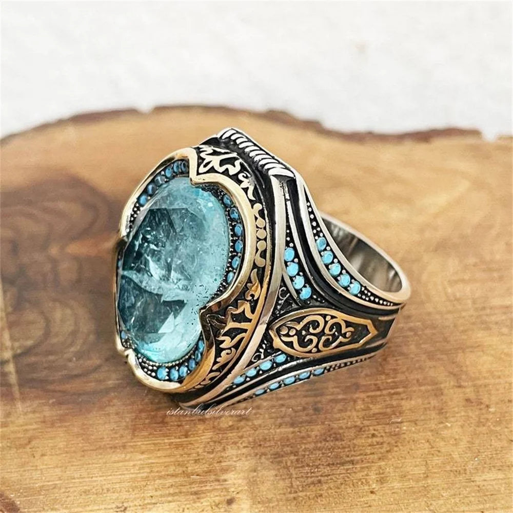 Vintage Herren handgemachte türkische blaue Zirkon Stein Ring alte Silber Farbe Muster Ring trendige islamische religiöse muslimische Schmuck