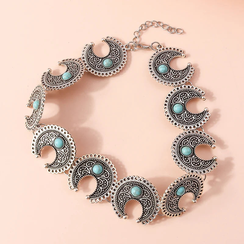 Ethnische Antike Silber Farbe Mond Choker Halsketten für Frauen Boho Türkis Halskette Mädchen Partei Schmuck Geschenke