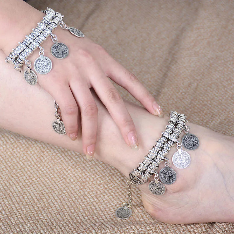 Mode Ethnische Gypsy Paar Armbänder Armreifen Für Frauen Kette Link Münze Charme Quaste Vintage Strand Einstellbare Boho Armbänder