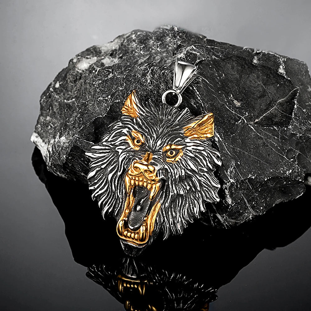 Punk Vikings Wolf Kopf Halsketten Edelstahl Vintage Nordischen Odins Wolf Anhänger Amulett Männer Charme Echtes Leder Seil Schmuck