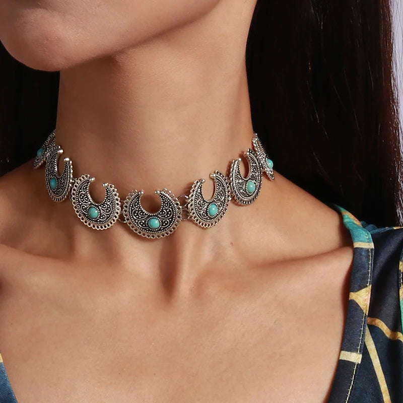 Ethnische Antike Silber Farbe Mond Choker Halsketten für Frauen Boho Türkis Halskette Mädchen Partei Schmuck Geschenke