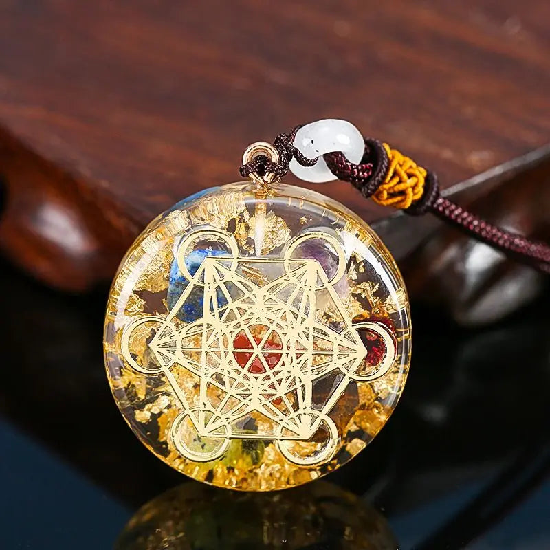 7-Chakra-Metatron-Würfel-Orgon-Anhänger-Halskette mit goldener Folie, spirituelle Reiki-Heilkristalle, Naturstein-Charm-Schmuck