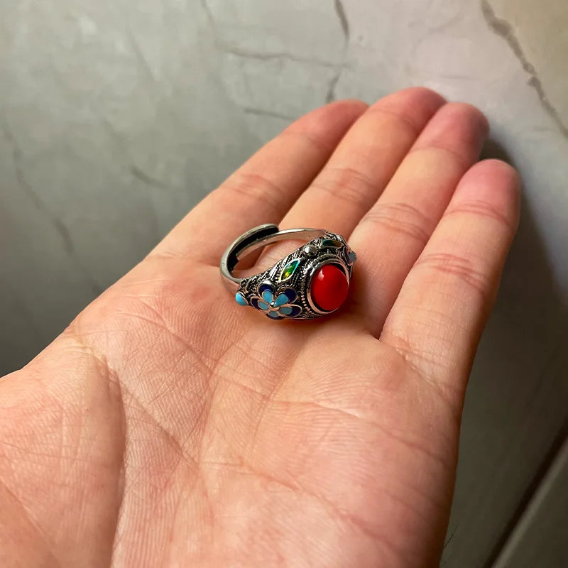 Retro filigran eingelegter roter Ring gebrannter blauer Palast Punk Gothic offener Ring für Frauen handgemachte Unisex Designer Schmuck Accessoires