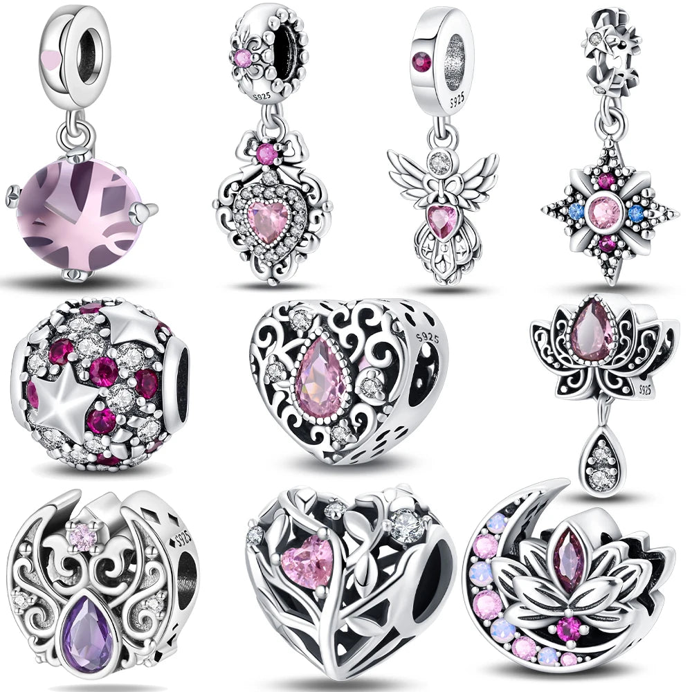 Herzform Heißer Verkauf Klassisch Lila Retro 925 Silber Lotus Engel Muster Charms Perlen Fit 3mm Original Armband DIY schmuck Geschenk