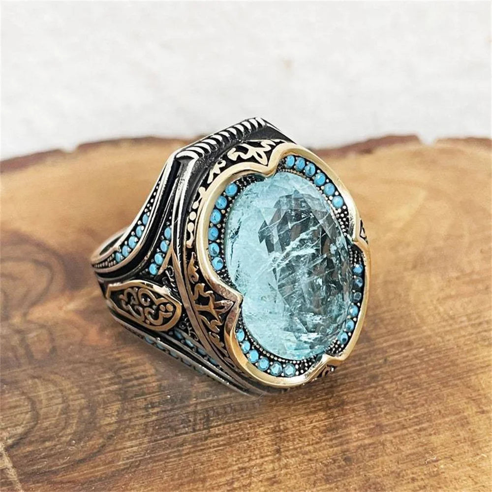 Vintage Herren handgemachte türkische blaue Zirkon Stein Ring alte Silber Farbe Muster Ring trendige islamische religiöse muslimische Schmuck