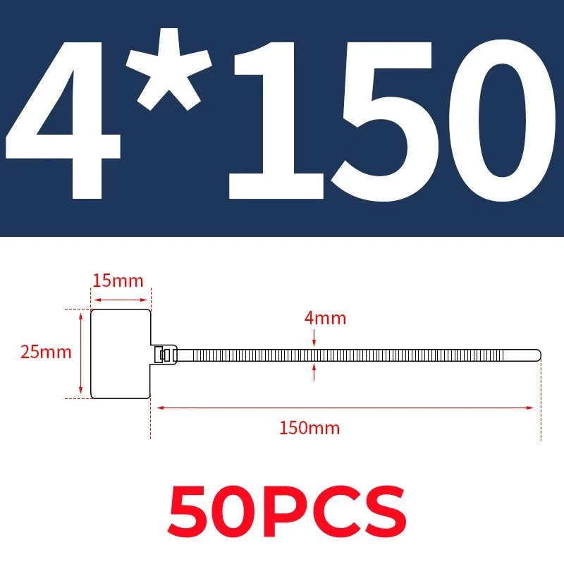 50 Stück weiße Nylon-Kabelbinder 3x100mm 4x150mm 4x200mm mit Etiketten, selbstsichernde Schlaufen, Kunststoff-Isolierung für Netzwerkkabel