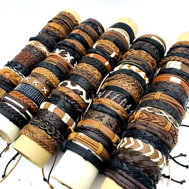 10/20/30/50/100PCs Leder Manschette Armbänder Handgemachte Retro Armreif Armbänder Schwarz/Braun Mode schmuck Party Geschenk Großhandel Lot