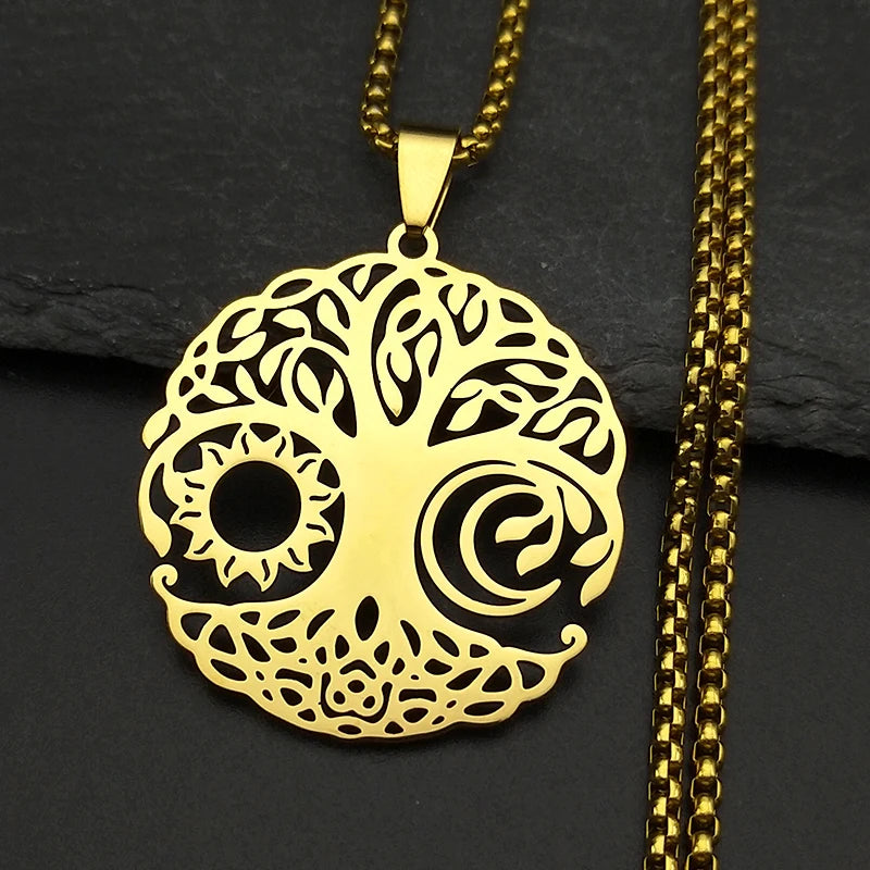 2024 Baum des Lebens Edelstahl Lange Halskette für Männer Schwarz Farbe Halsketten & Anhänger Schmuck cadenas para hombre N834S03