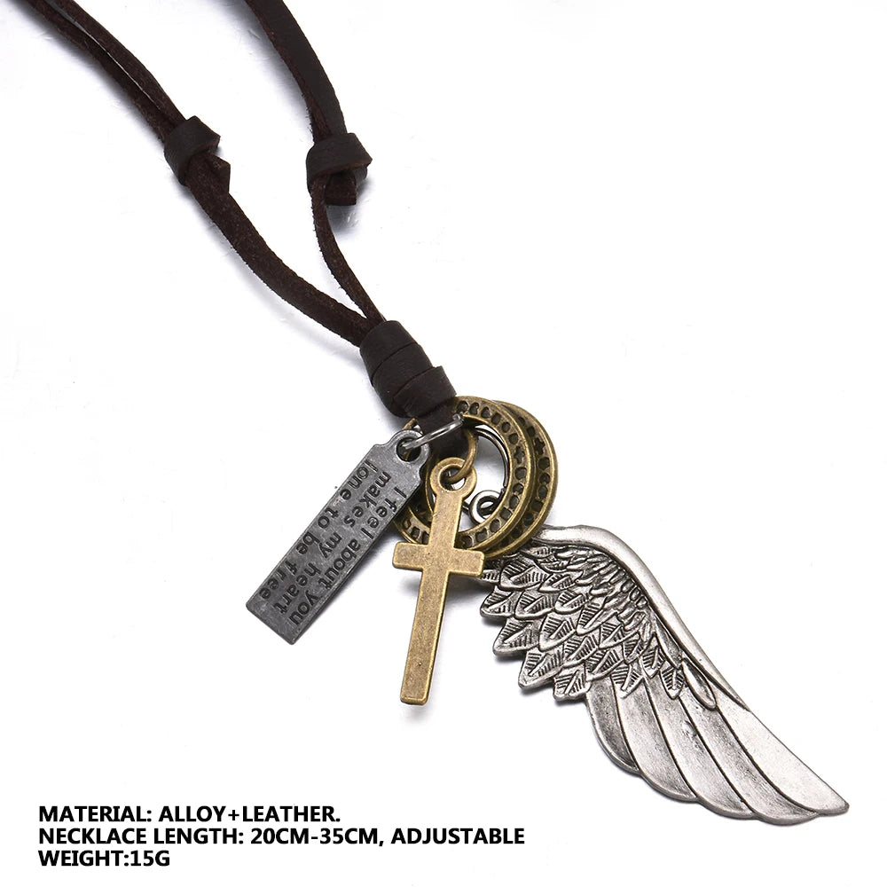 Feder-Engelsflügel-Halskette und Anhänger, Vintage-Stil, braunes Leder, für Damen und Herren, Schmuck, Jungen-Halskette, Statement-Halskette