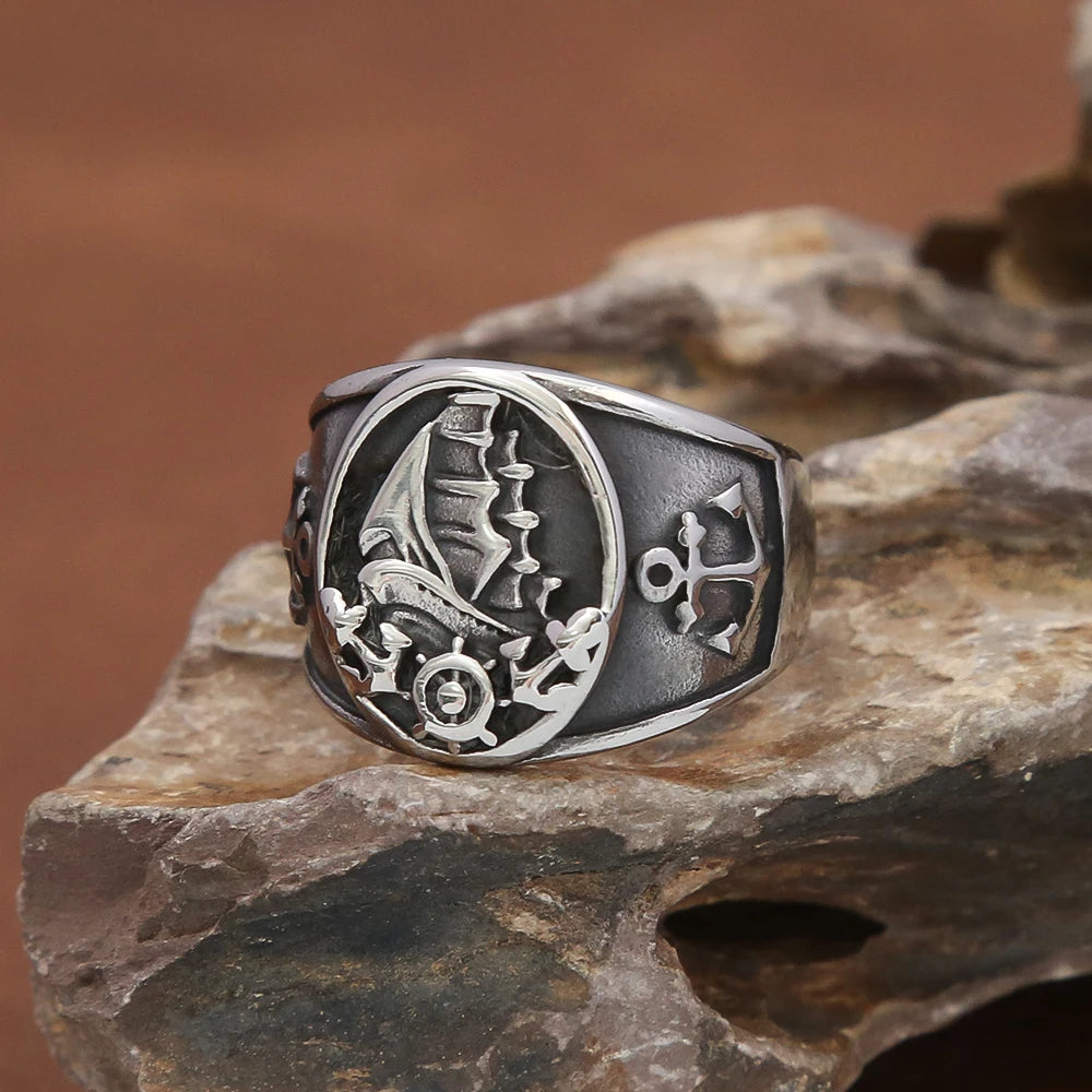 Mode Vintage Nordic Segelboot Piraten Ring Männlichen 316L Edelstahl Viking Kompass Ringe Biker Amulett Schmuck Geschenk Großhandel