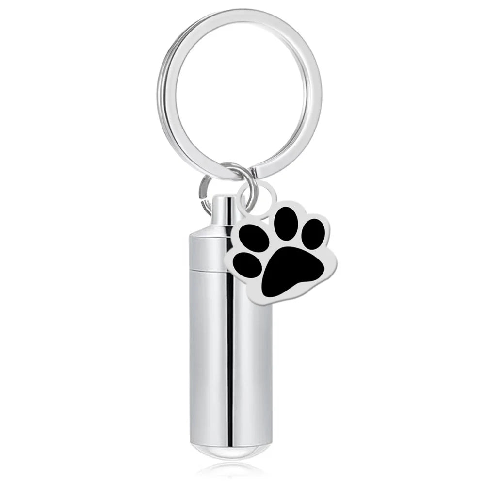 Haustier-Urnen-Schlüsselanhänger, Pfotenabdruck, Zylinder-Urnen-Anhänger, Schlüsselanhänger für Hunde, Asche, Welpen, Kätzchen, Asche, Andenken, Feuerbestattung, Gedenk-Anhänger
