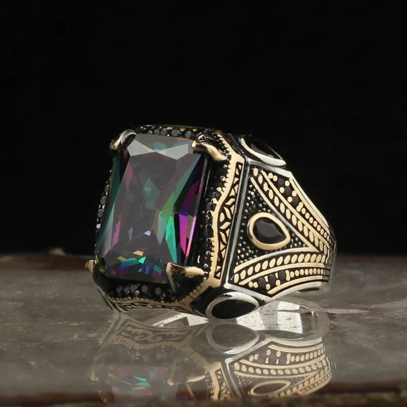 Retro handgemachte türkische Siegelringe für Männer alte silberne Farbe geschnitzten Ring mystischen Zirkon Inlay neuen Punk Motor Biker Ring