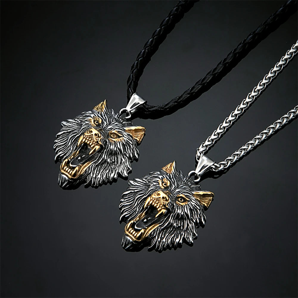 Punk Vikings Wolf Kopf Halsketten Edelstahl Vintage Nordischen Odins Wolf Anhänger Amulett Männer Charme Echtes Leder Seil Schmuck