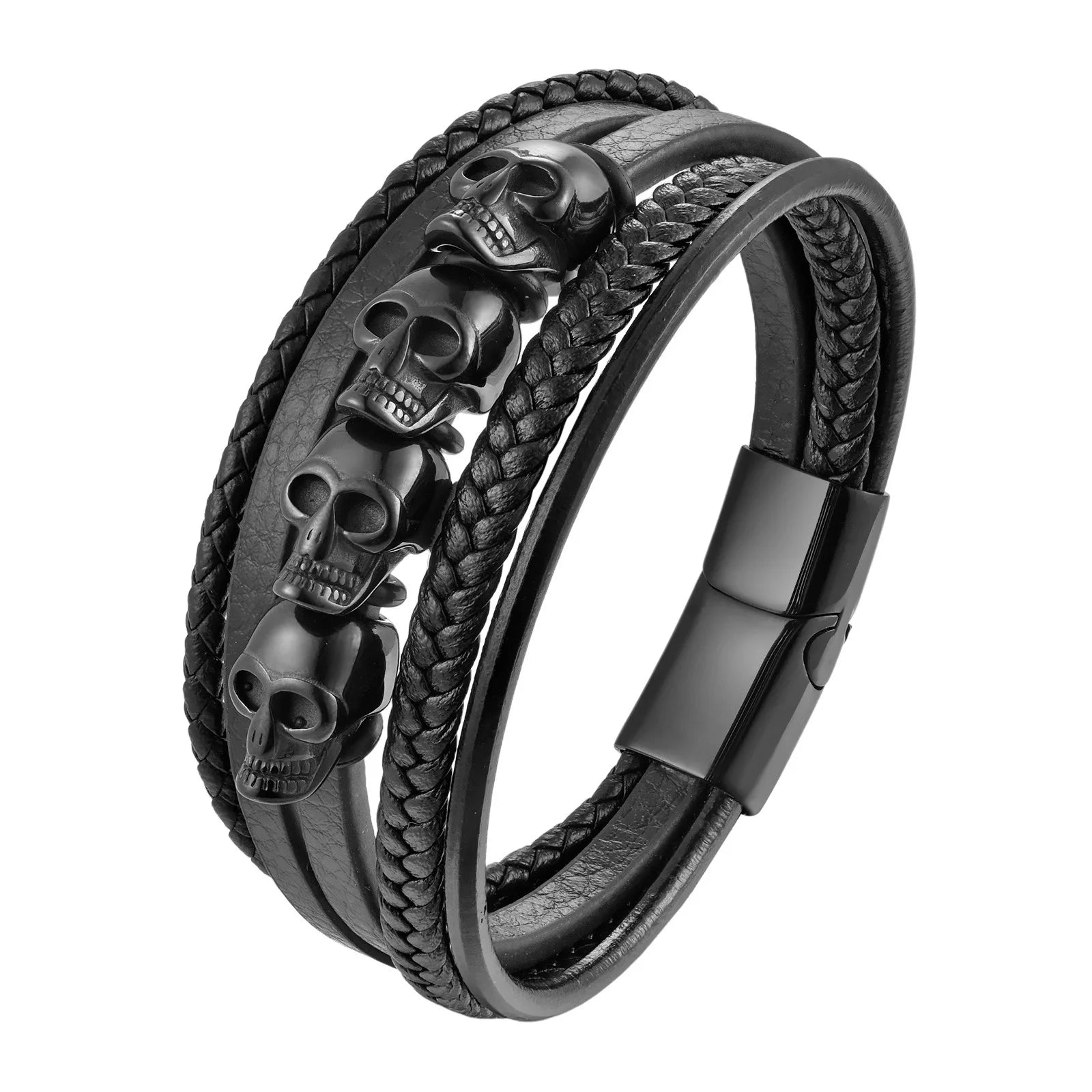 Übertreibung Männer Schmuck Schwarz Geflochtene Leder Armbänder Edelstahl Leder Armbänder Coole Schädel Armbänder Männer Armband
