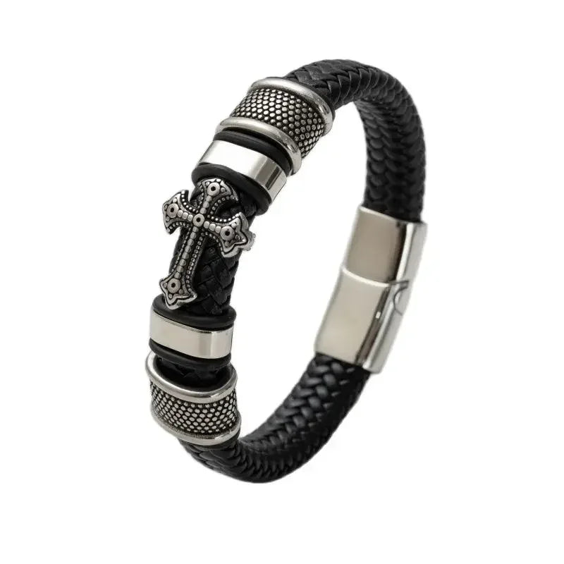 Vintage handgewebtes umweltfreundliches Leder-Kreuzarmband mit Magnetverschluss, modischer Anhänger für Herren, religiöser Amulett-Schmuck