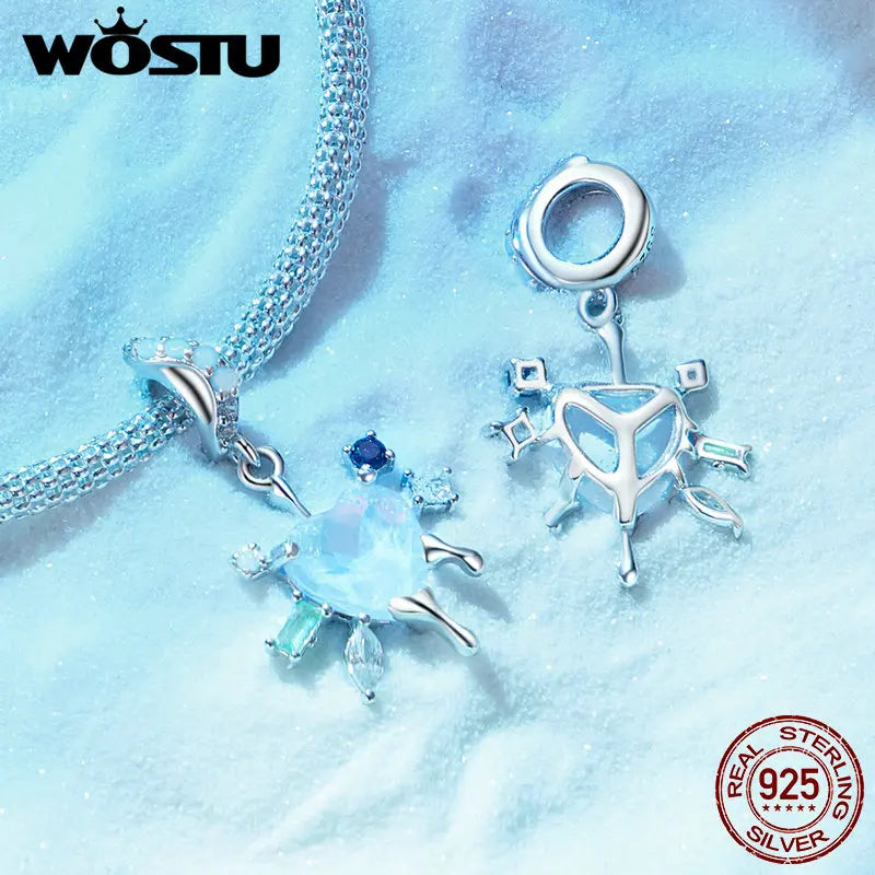 Wostu Sterling Silber schmelzende Eis Schneeflocke Anhänger blau Opal Liebe Herz Regenbogen Charme fit Original Armband DIY Winter Geschenk
