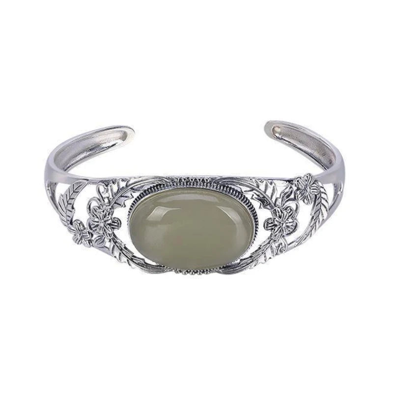 Vintage Silber eingelegte natürliche Hetian Jade Blume Hohl Armreifen für Frauen eleganten Ethno-Stil Hochzeit Verlobung Schmuck