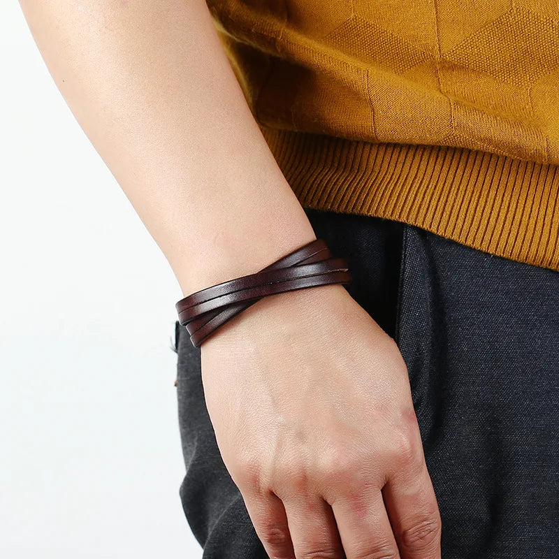 MKENDN Punk Vintage Doppel Strang Schwarz Braun Echtes Echtes Kuh Leder Charme Unisex Schnalle Armband Für Männer Frauen Schmuck Geschenke