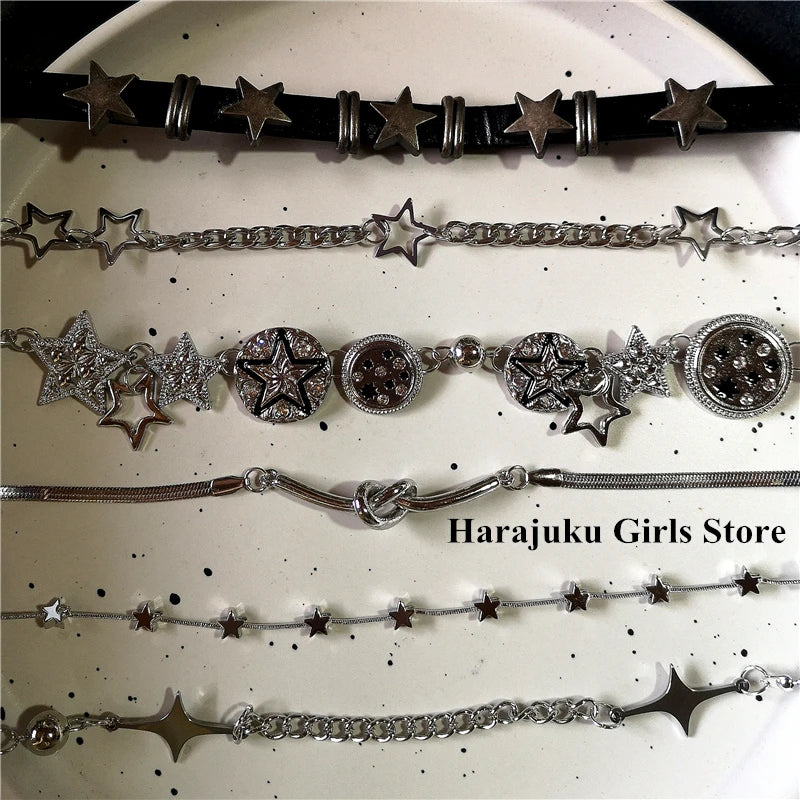 Vintage Y2k Ästhetische Pentagramm Stern Anhänger Silber Farbe Halsband Kette Halskette Für Frauen Coole Hip Hop Schmuck Charme Zubehör