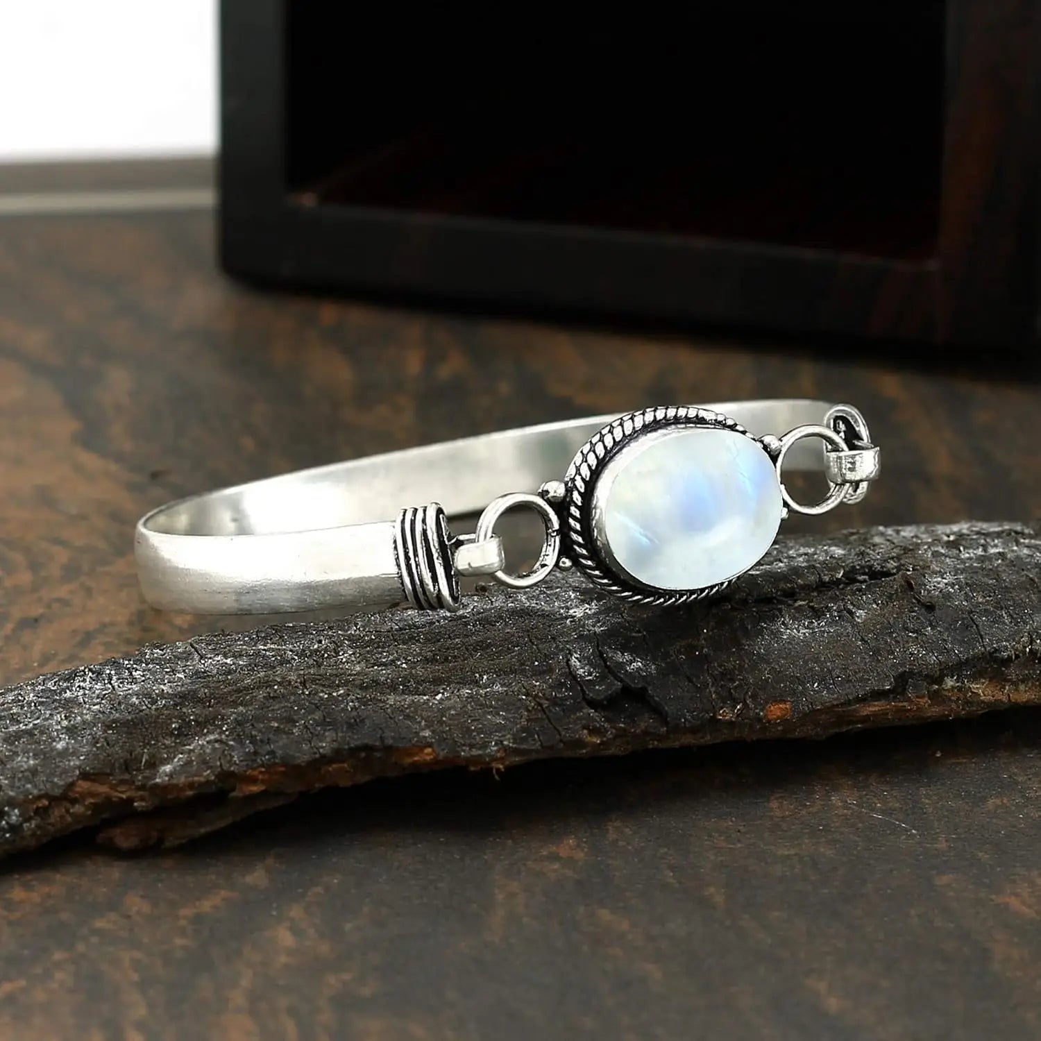 Vintage-Armreif aus 925er Silber, natürlicher ovaler Mondstein, handgefertigter Armreif mit Geburtsstein, Geschenke, edler Schmuck für Damen und Herren