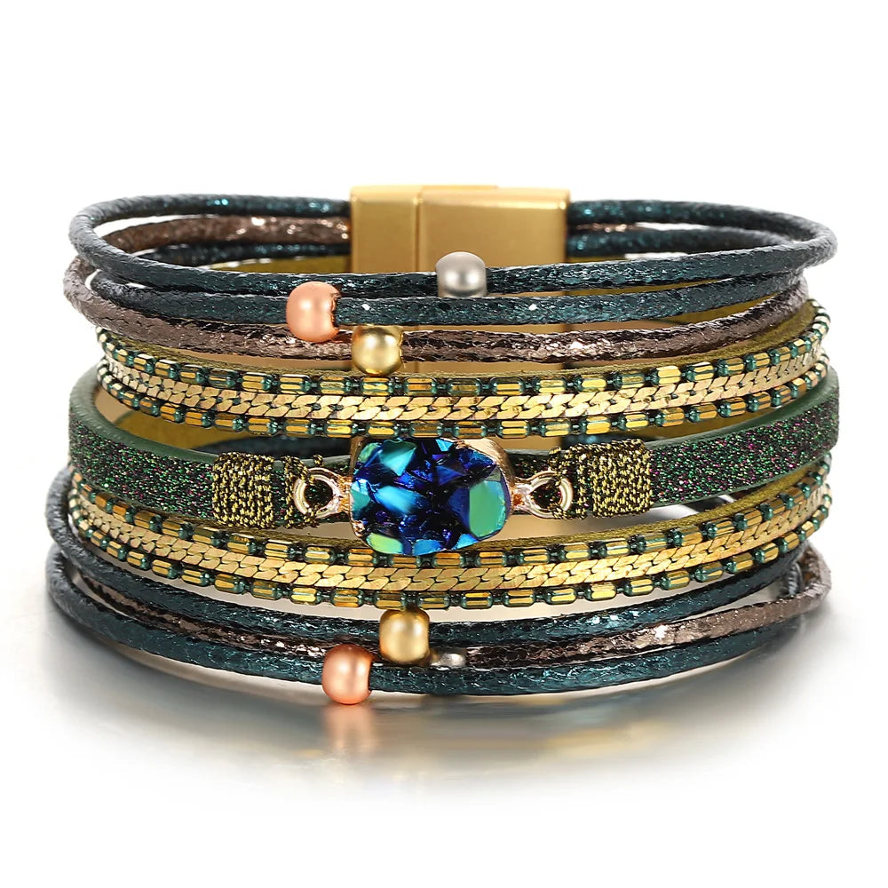 ALLYES Vintage grünes mehrschichtiges Wickelarmband aus Leder für Damen und Herren, Boho-Armbänder mit eingelegten Strasssteinen und Armreifen, Charm-Schmuck