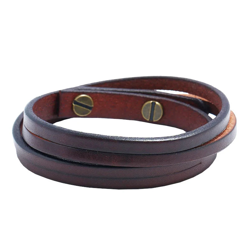 MKENDN Punk Vintage Doppel Strang Schwarz Braun Echtes Echtes Kuh Leder Charme Unisex Schnalle Armband Für Männer Frauen Schmuck Geschenke