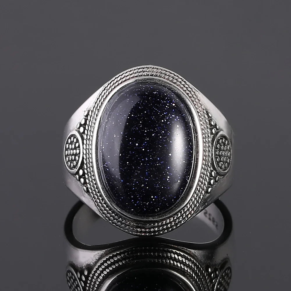 Ring aus 925er-Sterlingsilber, oval, rund, natürlicher blauer Sandstein, Ring für Frauen, Geschenk, Retro-Luxus, edler Schmuck