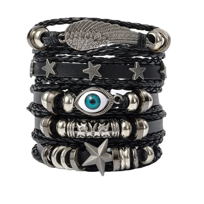 Punk Multilayer Antike Leder Armband Set Schädel Auge Stern Charms Hiphop Rock Y2K Vintage Pu Gothic Armband Mann Goth Schmuck