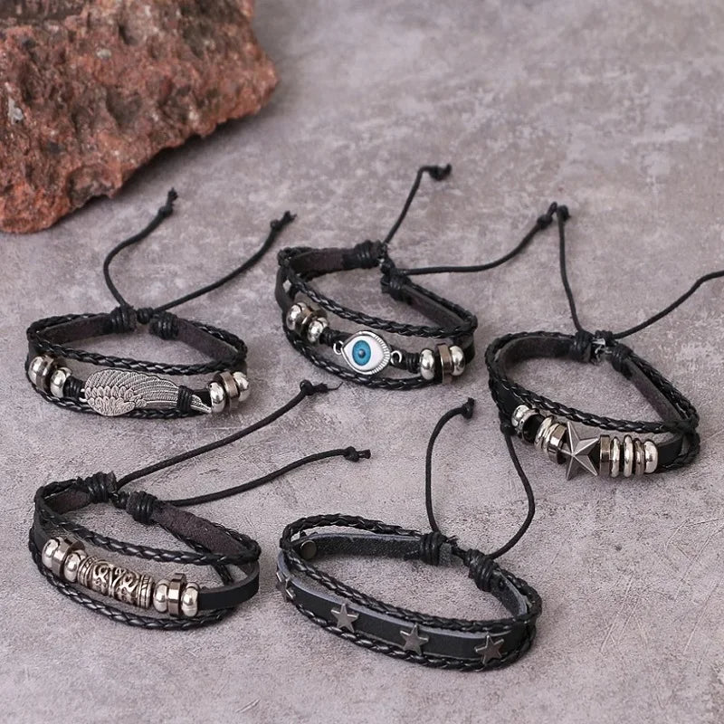 Punk Multilayer Antike Leder Armband Set Schädel Auge Stern Charms Hiphop Rock Y2K Vintage Pu Gothic Armband Mann Goth Schmuck