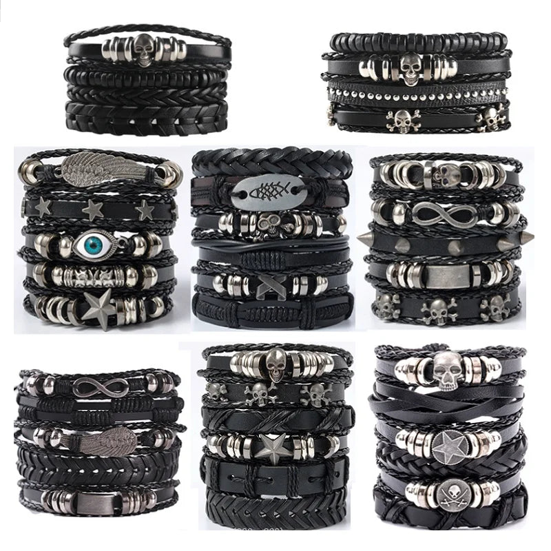 Punk Multilayer Antike Leder Armband Set Schädel Auge Stern Charms Hiphop Rock Y2K Vintage Pu Gothic Armband Mann Goth Schmuck