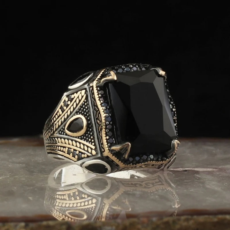 Retro handgemachte türkische Siegelringe für Männer alte silberne Farbe geschnitzten Ring mystischen Zirkon Inlay neuen Punk Motor Biker Ring