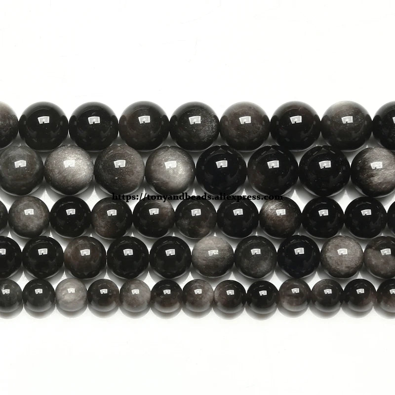 Naturstein Silber Farbe Obsidian Runde lose Perlen 15" Strang 4 6 8 10 12 14MM Auswahlgröße für die Schmuckherstellung